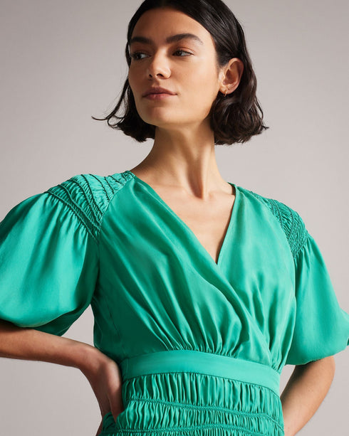 TALUNA-Dresses-It's All In The Details: Mini dress Shirred waist Short puff sleeves Wrap front 100% cupro- Ted Baker Romania